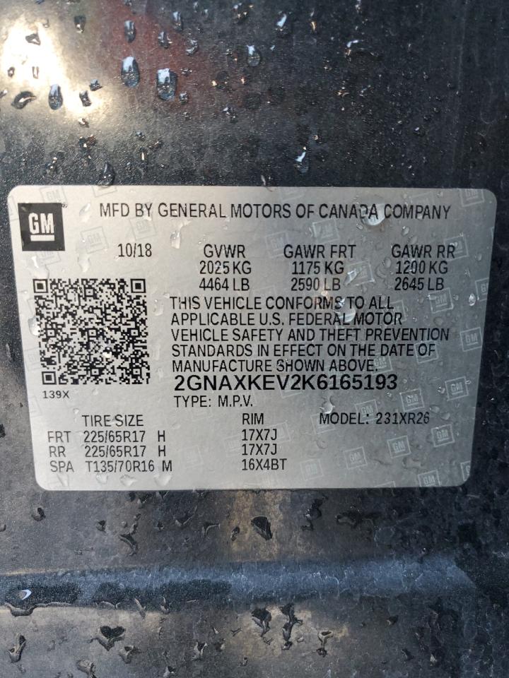 2019 Chevrolet Equinox VIN 2GNAXKEV2K6165193 Copart auction photo, all over damage thumbnail 13
