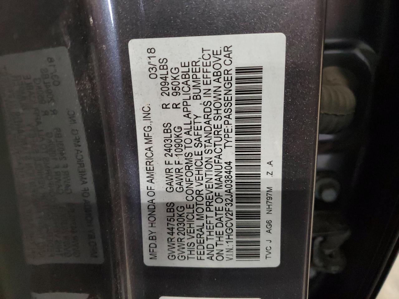 2018 Honda Accord VIN 1HGCV2F32JA038404 Copart auction photo, rear end damage thumbnail 12