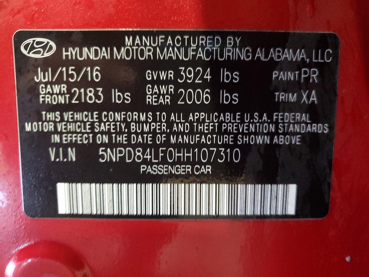 2017 Hyundai Elantra VIN 5NPD84LF0HH107310 Copart auction photo, front end damage thumbnail 12