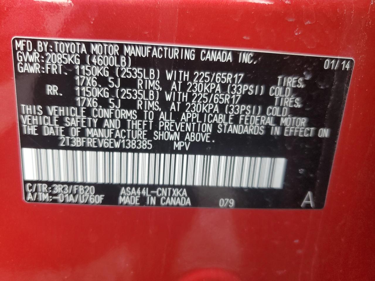 2014 Toyota RAV 4 VIN 2T3BFREV6EW138385 Copart auction photo, front end damage thumbnail 13