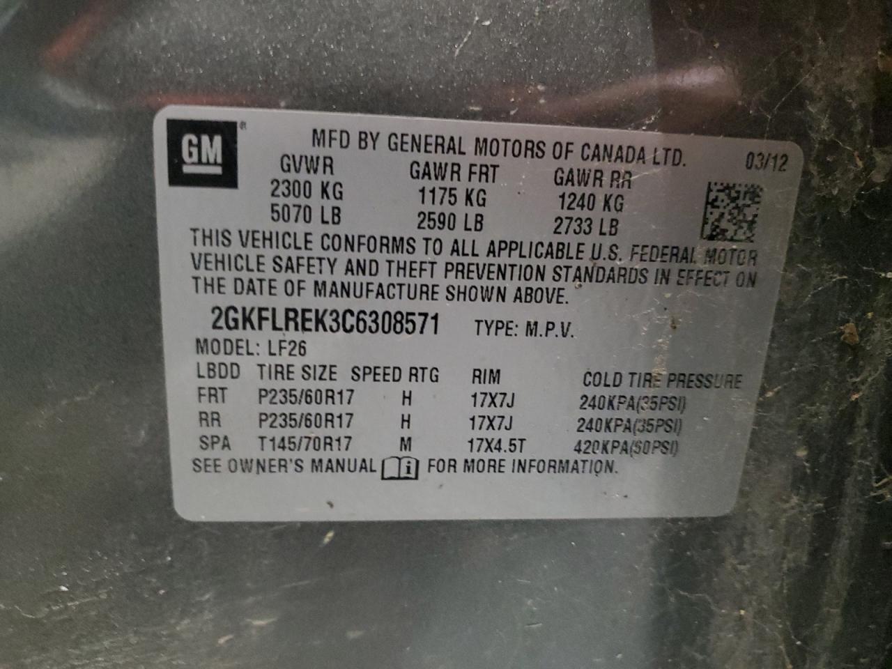 2012 GMC Terrain VIN 2GKFLREK3C6308571 Copart auction photo, undercarriage / side damage thumbnail 13