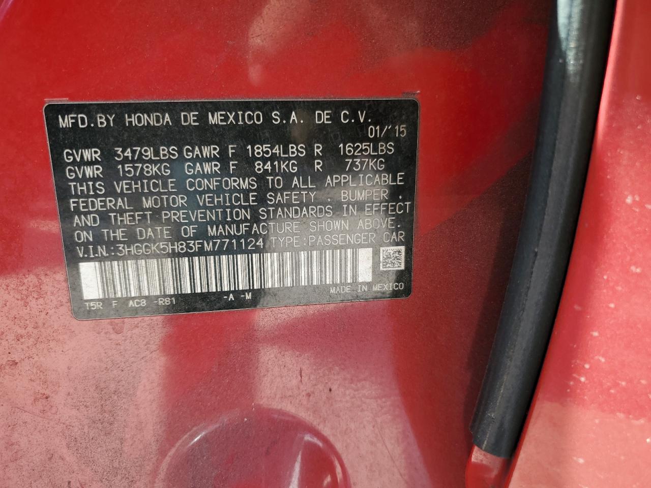 2015 Honda Fit VIN 3HGGK5H83FM771124 Copart auction photo, water/flood damage thumbnail 13