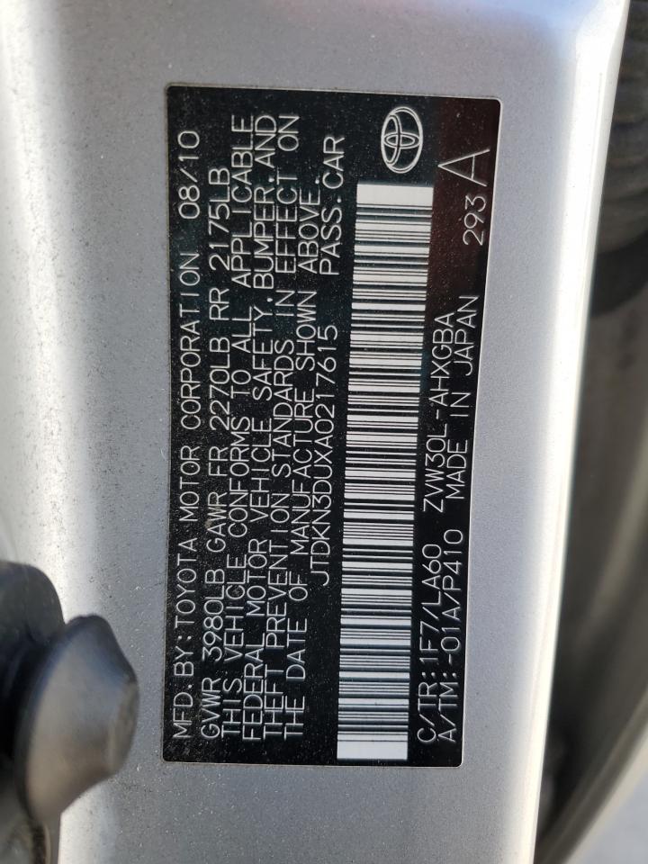 2010 Toyota Prius VIN JTDKN3DUXA0217615 Copart auction photo, rear end damage thumbnail 13