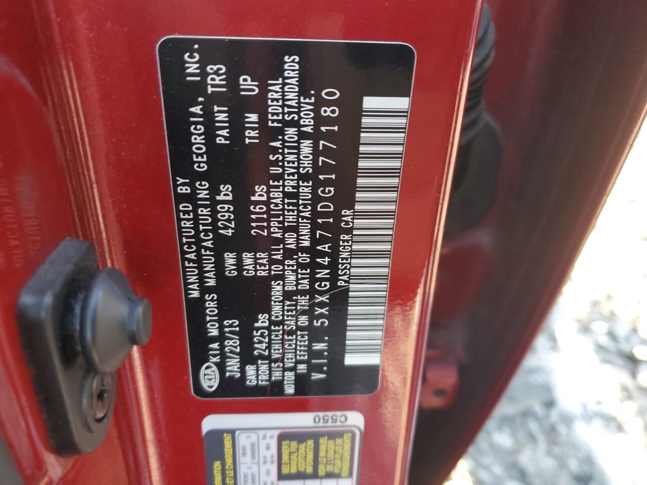 2013 KIA Optima VIN 5XXGN4A71DG177180 Copart auction photo, front end damage thumbnail 12
