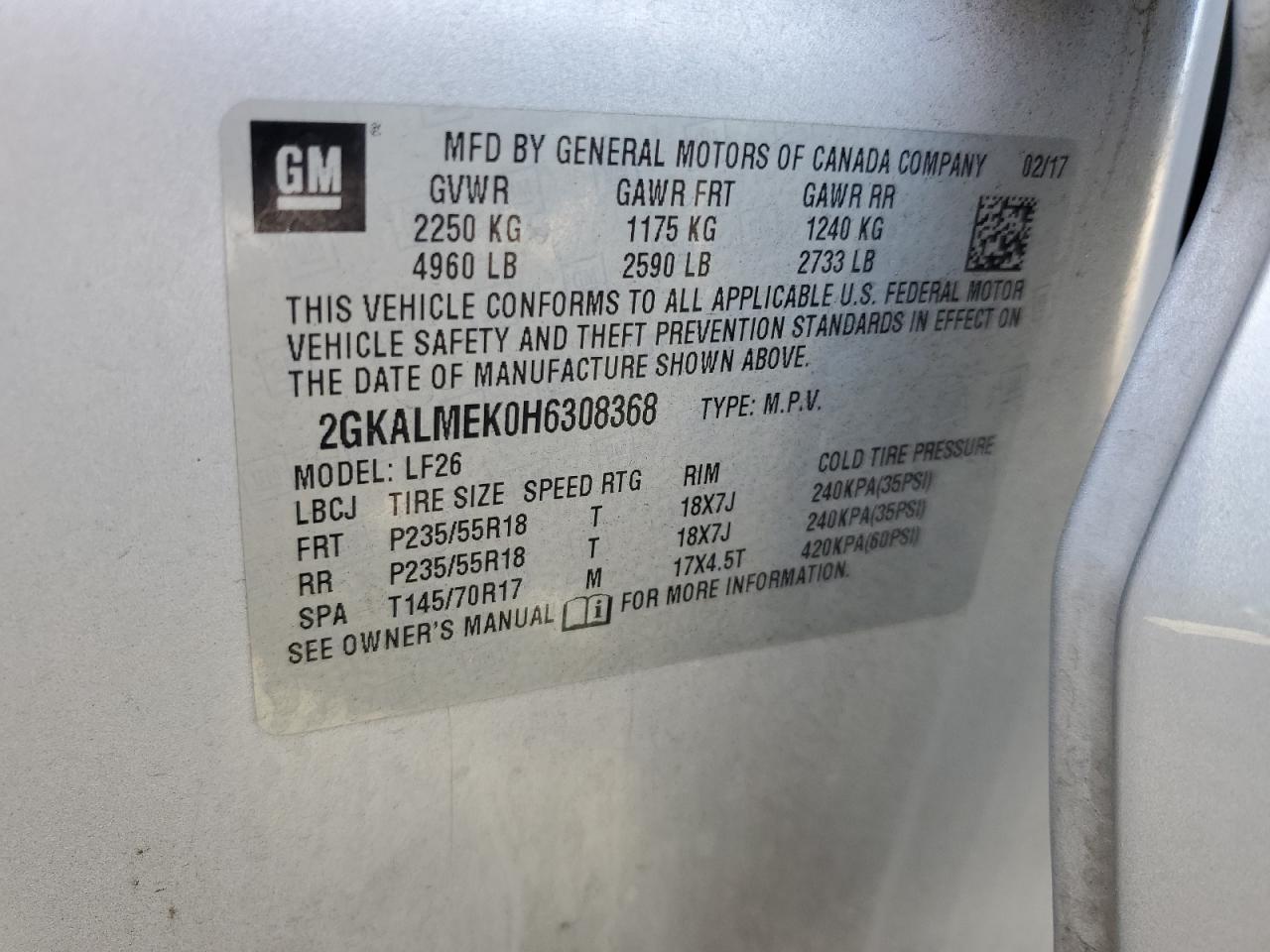 2017 GMC Terrain VIN 2GKALMEK0H6308368 Copart auction photo, front end damage thumbnail 12