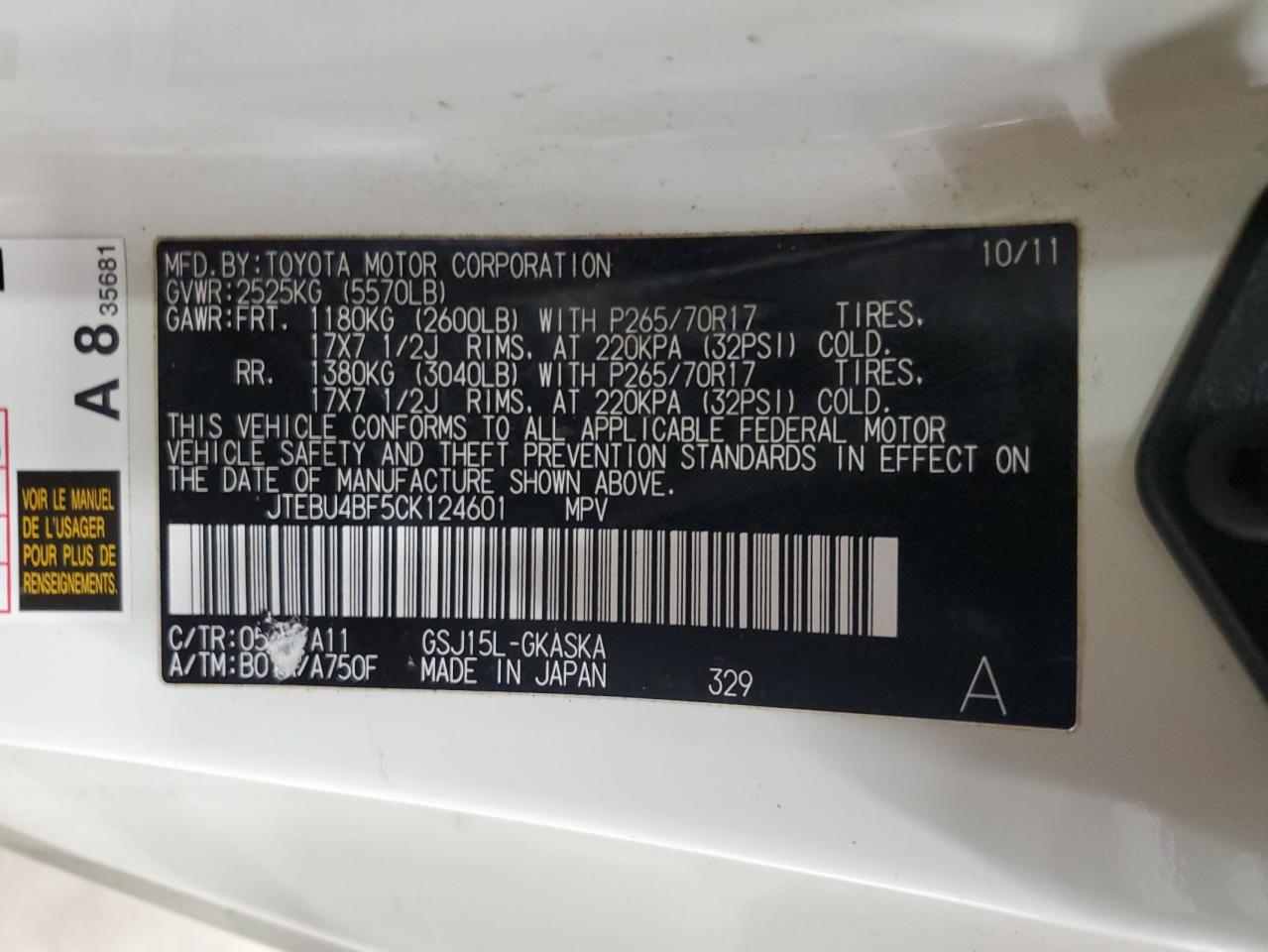 2012 Toyota FJ Cruiser VIN JTEBU4BF5CK124601 Copart auction photo, minor dent/scratches damage thumbnail 13