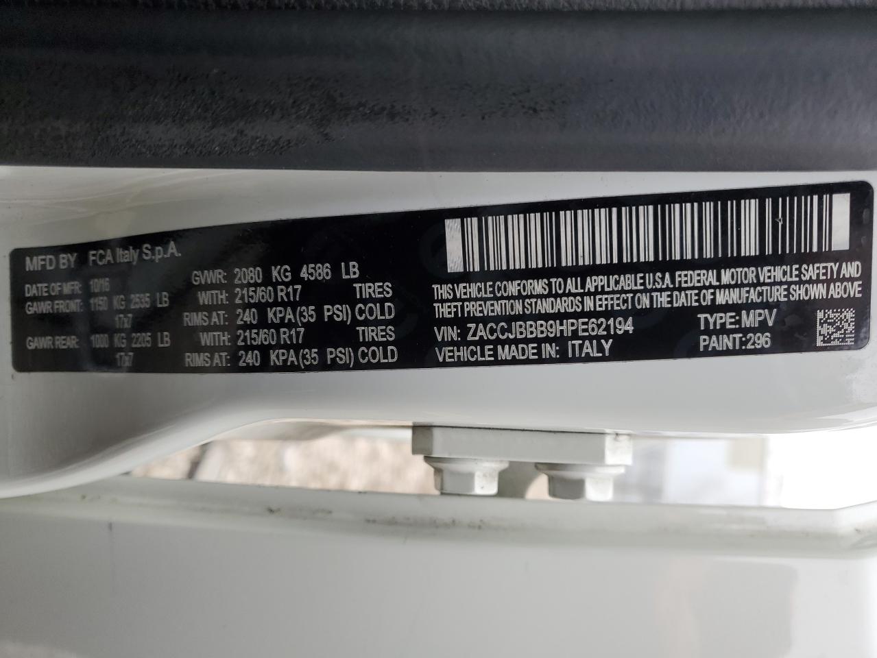 2017 Jeep Renegade VIN ZACCJBBB9HPE62194 Copart auction photo, front end / side damage thumbnail 15