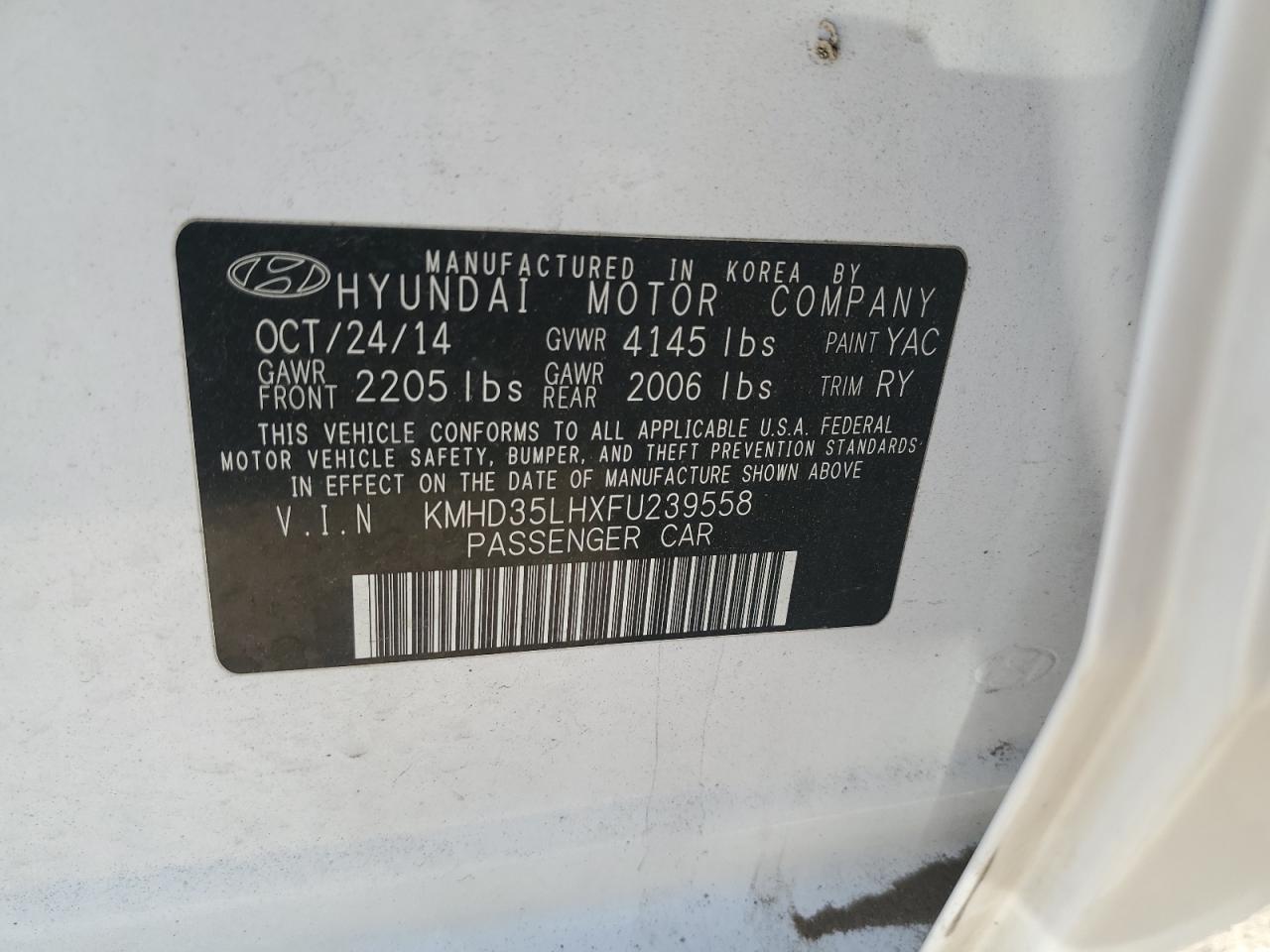 2015 Hyundai Elantra VIN KMHD35LHXFU239558 Copart auction photo, hail / all over damage thumbnail 12