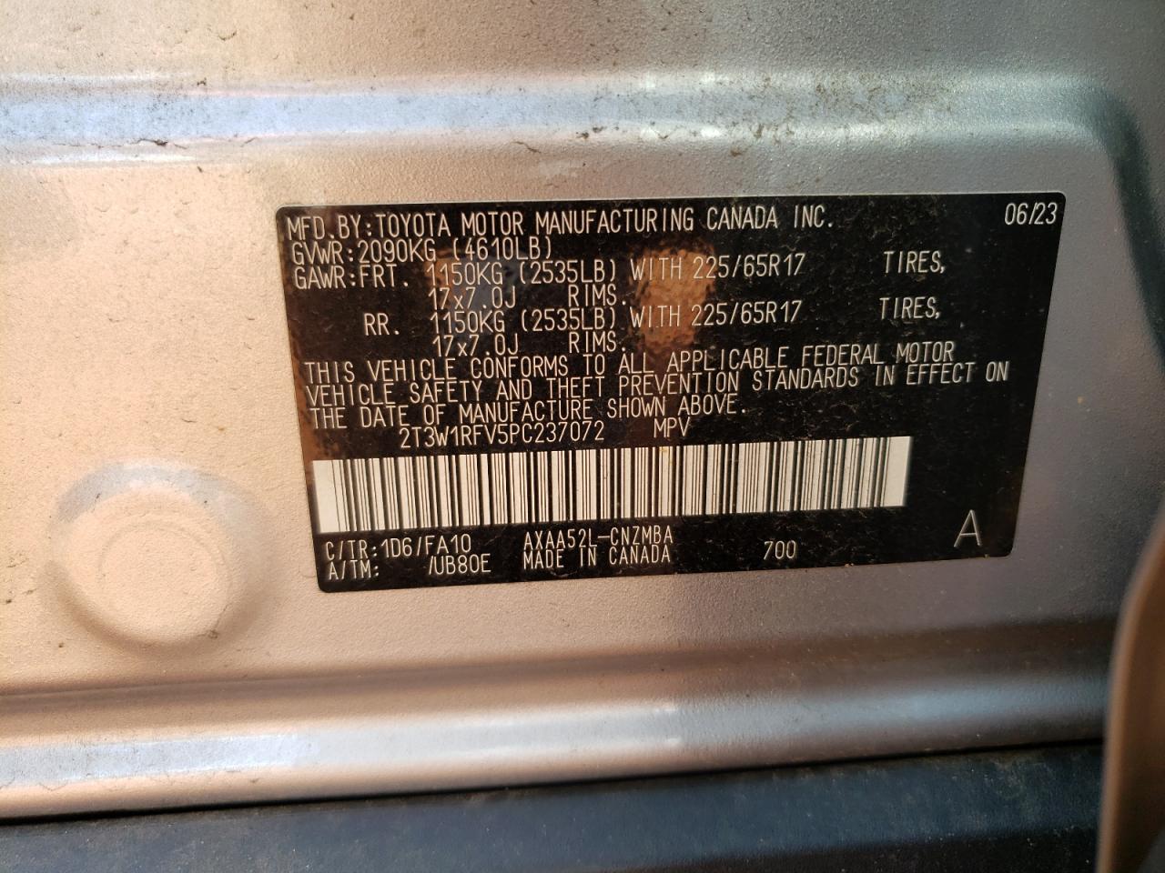 2023 Toyota RAV 4 VIN 2T3W1RFV5PC237072 Copart auction photo, front end damage thumbnail 14