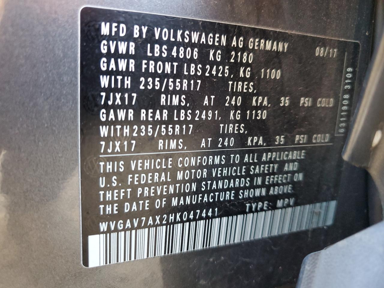 2017 Volkswagen Tiguan VIN WVGAV7AX2HK047441 Copart auction photo, rear end / front end damage thumbnail 13