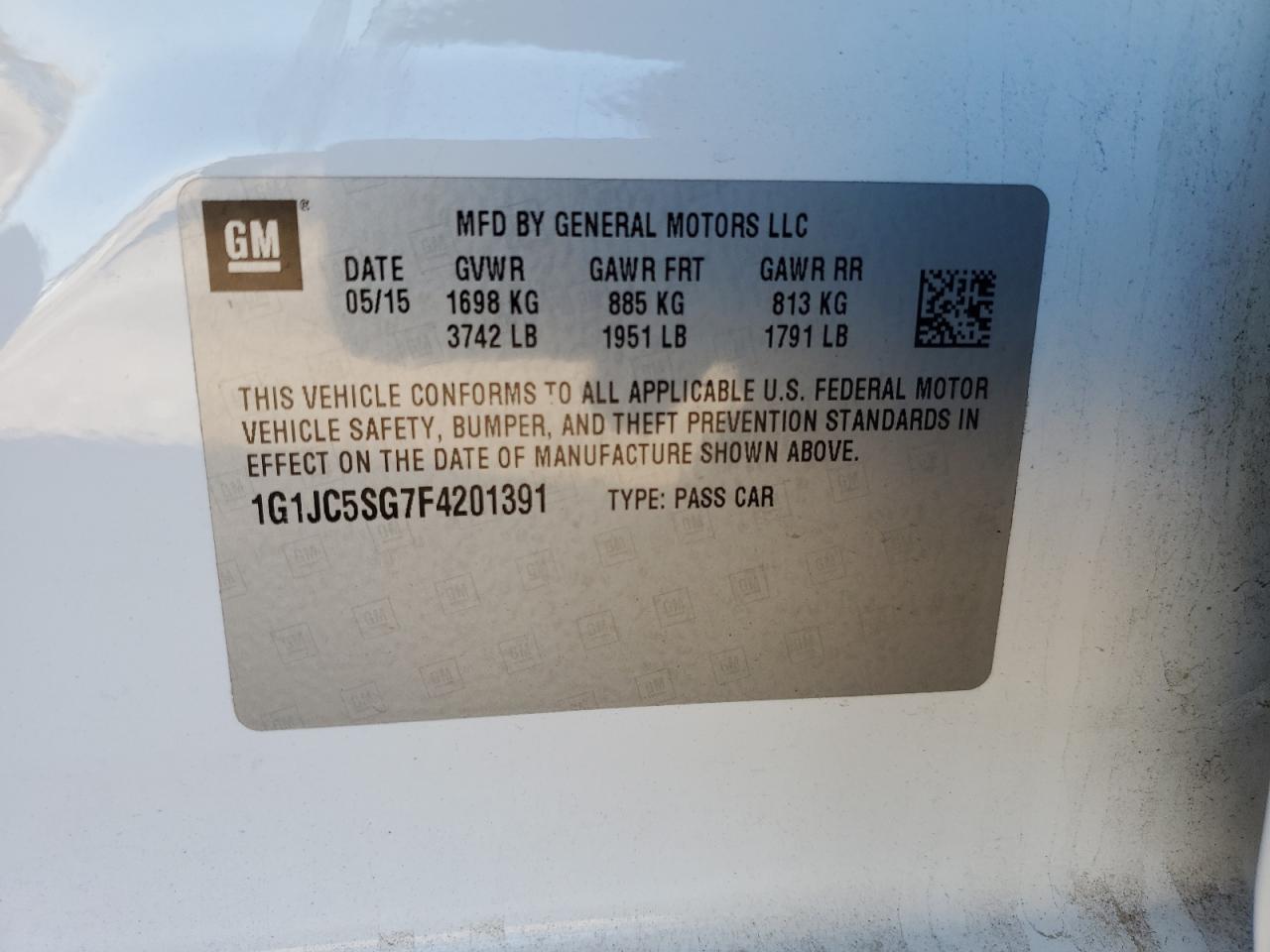 2015 Chevrolet Sonic VIN 1G1JC5SG7F4201391 Copart auction photo, rear end / side damage thumbnail 12
