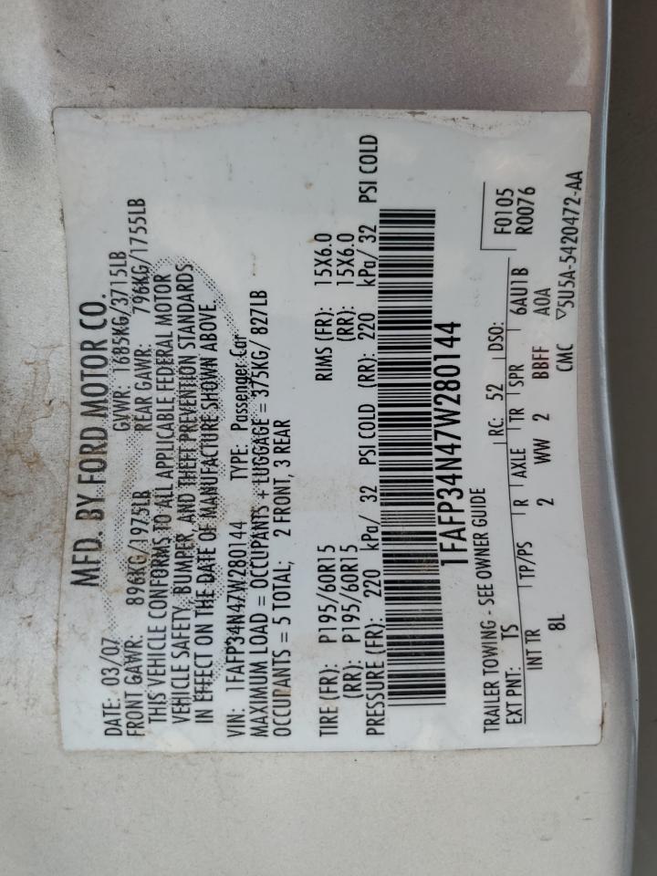 2007 Ford Focus VIN 1FAFP34N47W280144 Copart auction photo, rear end / front end damage thumbnail 12