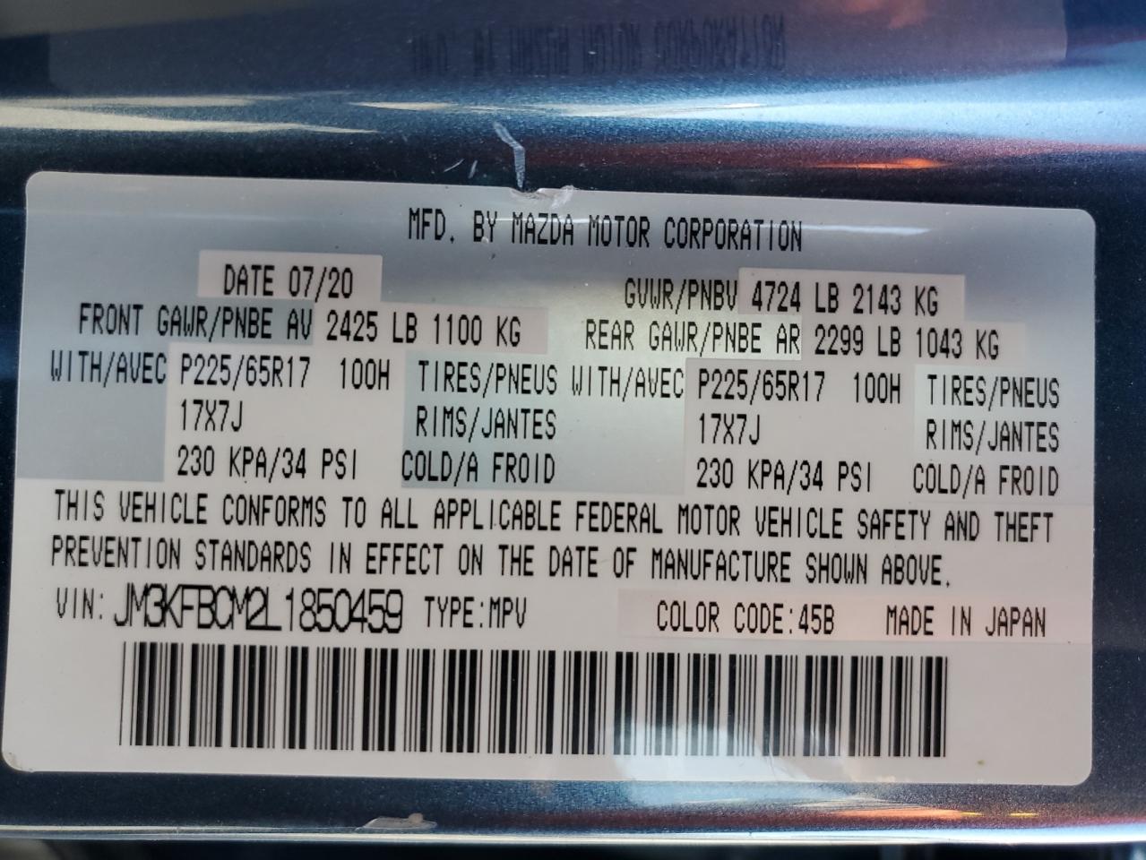 2020 Mazda CX-5 VIN JM3KFBCM2L1850459 Copart auction photo, hail damage thumbnail 13
