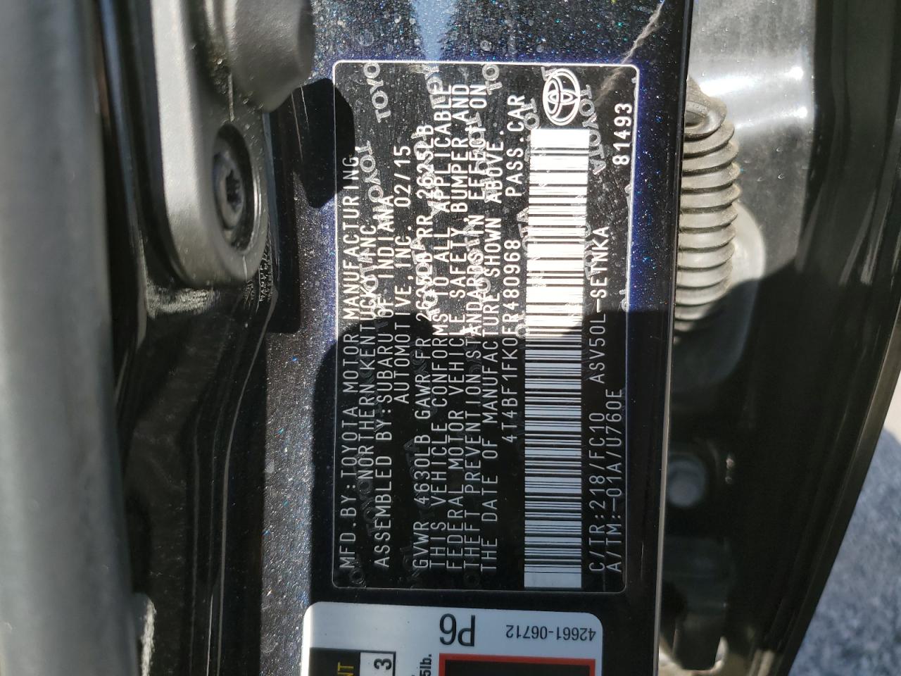 2015 Toyota Camry VIN 4T4BF1FK0FR480968 Copart auction photo, front end / rear end damage thumbnail 13