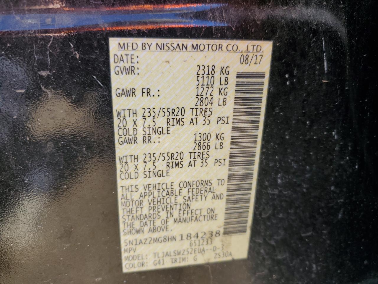 2017 Nissan Murano VIN 5N1AZ2MG8HN184238 Copart auction photo, front end damage thumbnail 13