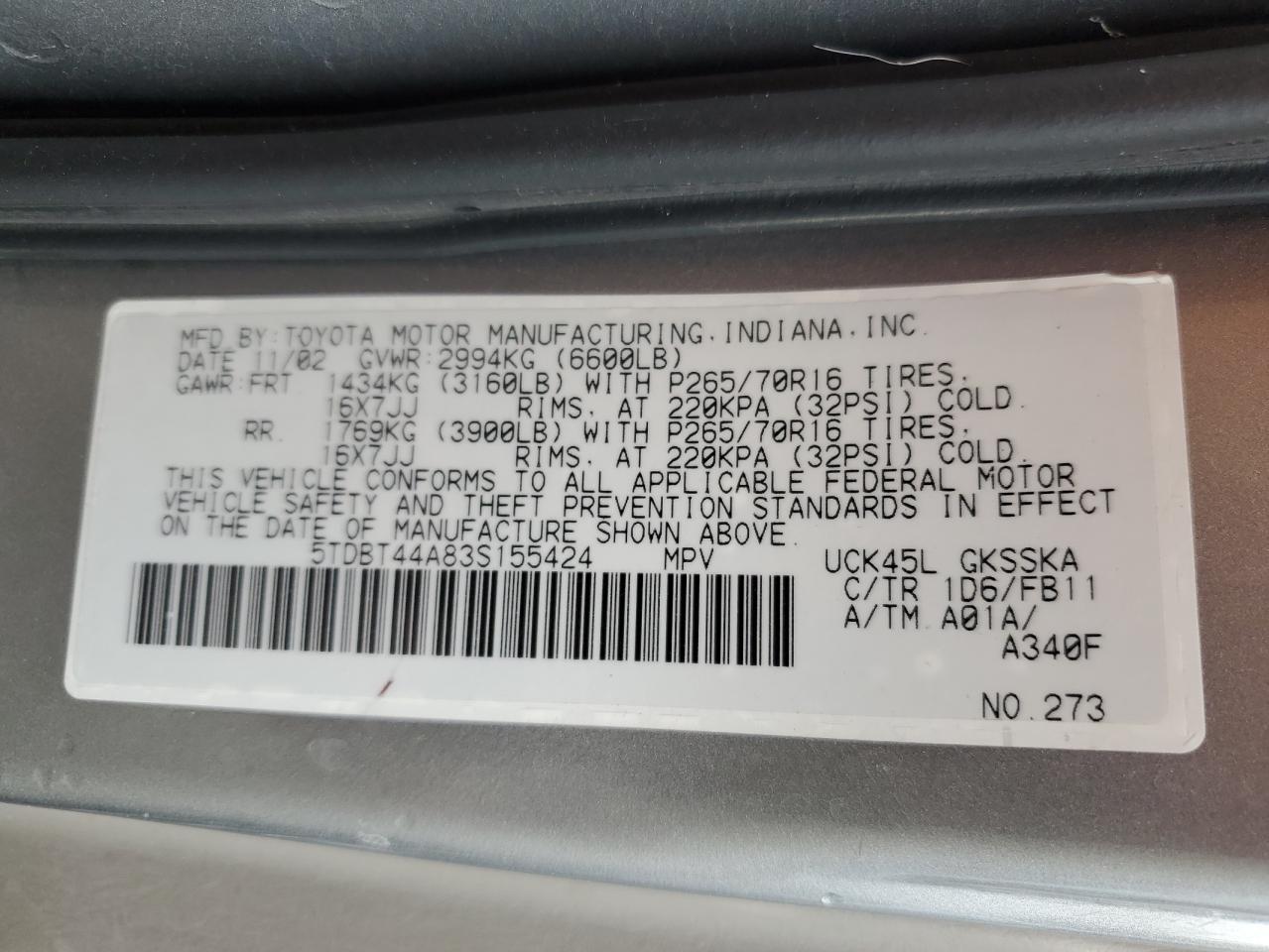 2003 Toyota Sequoia VIN 5TDBT44A83S155424 Copart auction photo, all over damage thumbnail 13