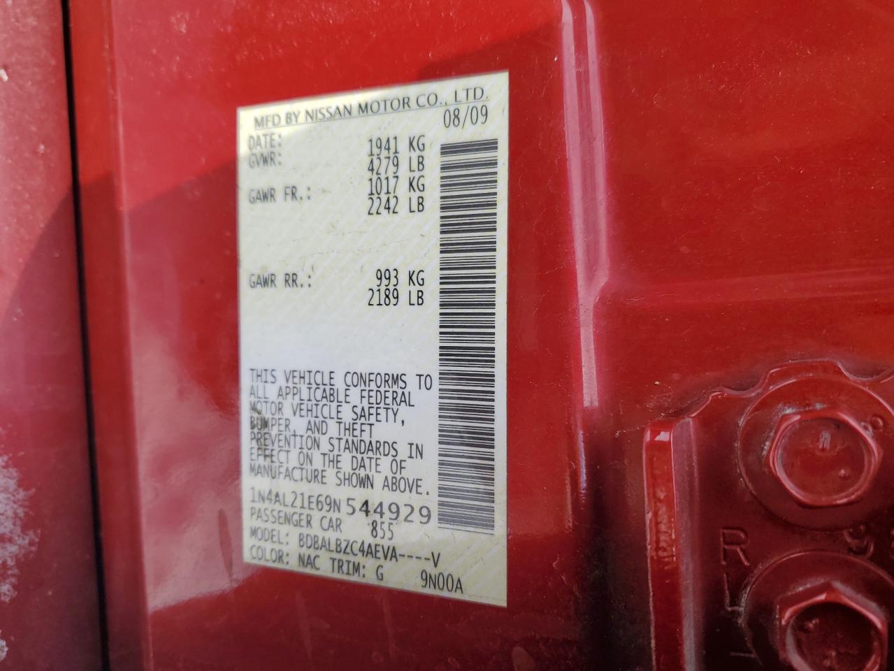 2009 Nissan Altima VIN 1N4AL21E69N544929 Copart auction photo, front end damage thumbnail 12
