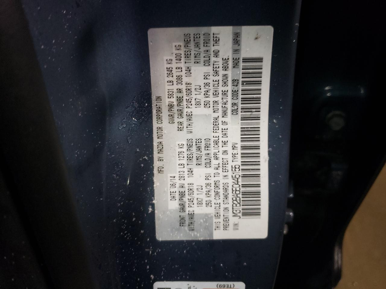 2014 Mazda CX-9 VIN JM3TB2BA6E0445155 Copart auction photo, front end damage thumbnail 12