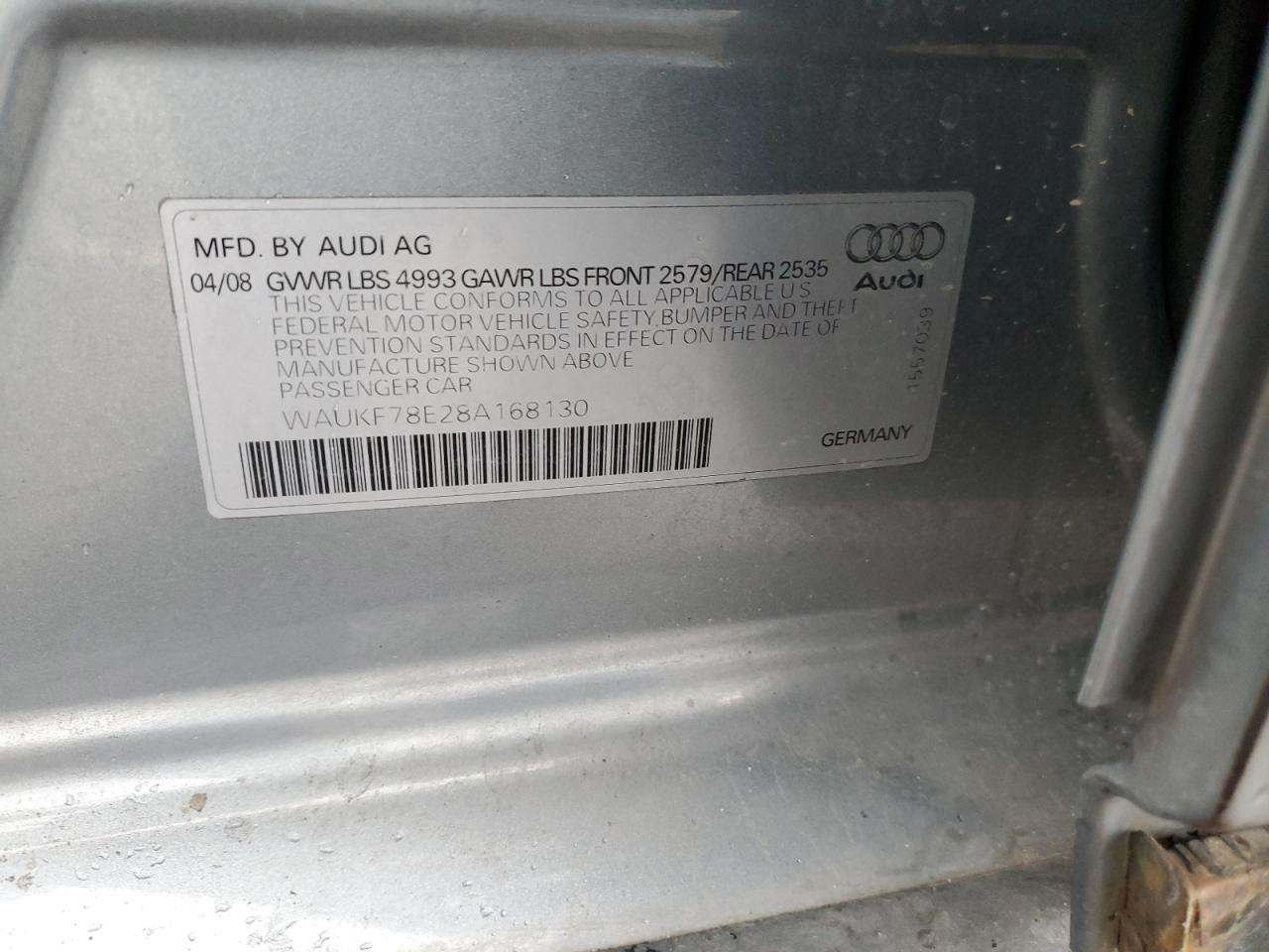 2008 Audi A4 VIN WAUKF78E28A168130 Copart auction photo, front end / side damage thumbnail 15
