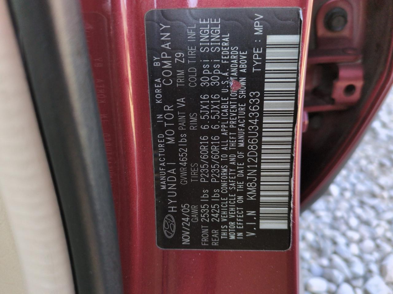 2006 Hyundai Tucson VIN KM8JN12D86U343633 Copart auction photo, rear end damage thumbnail 12