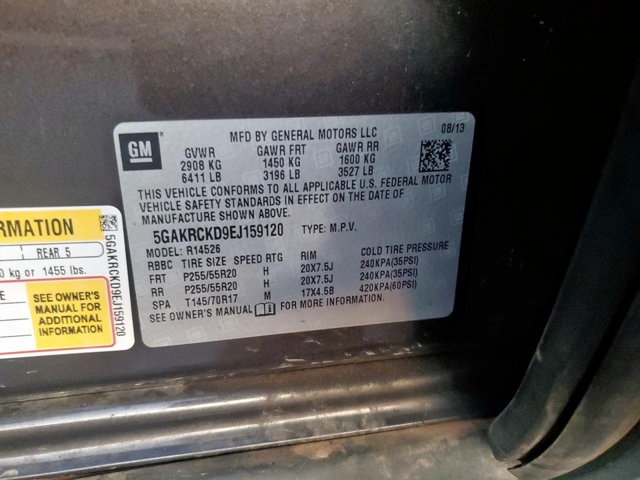 2014 Buick Enclave VIN 5GAKRCKD9EJ159120 Copart auction photo, front end damage thumbnail 13