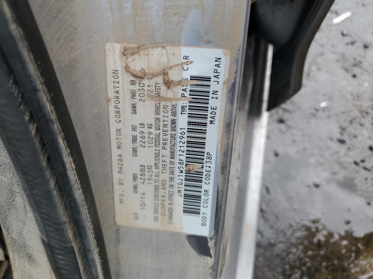 2015 Mazda 6 VIN JM1GJ1W58F1212961 Copart auction photo, water/flood damage thumbnail 12