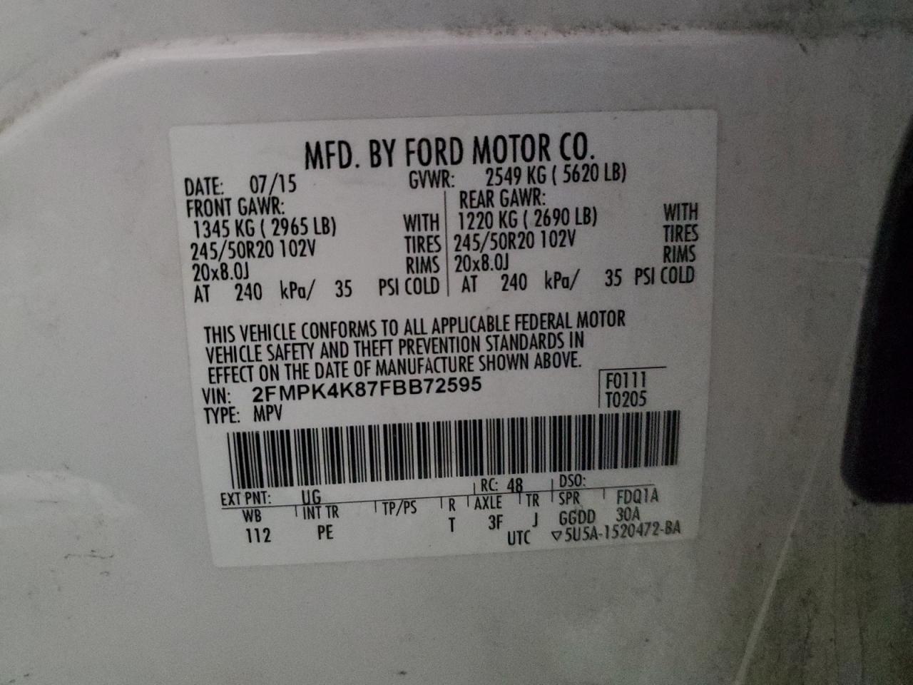2015 Ford Edge VIN 2FMPK4K87FBB72595 Copart auction photo, rear end / side damage thumbnail 14
