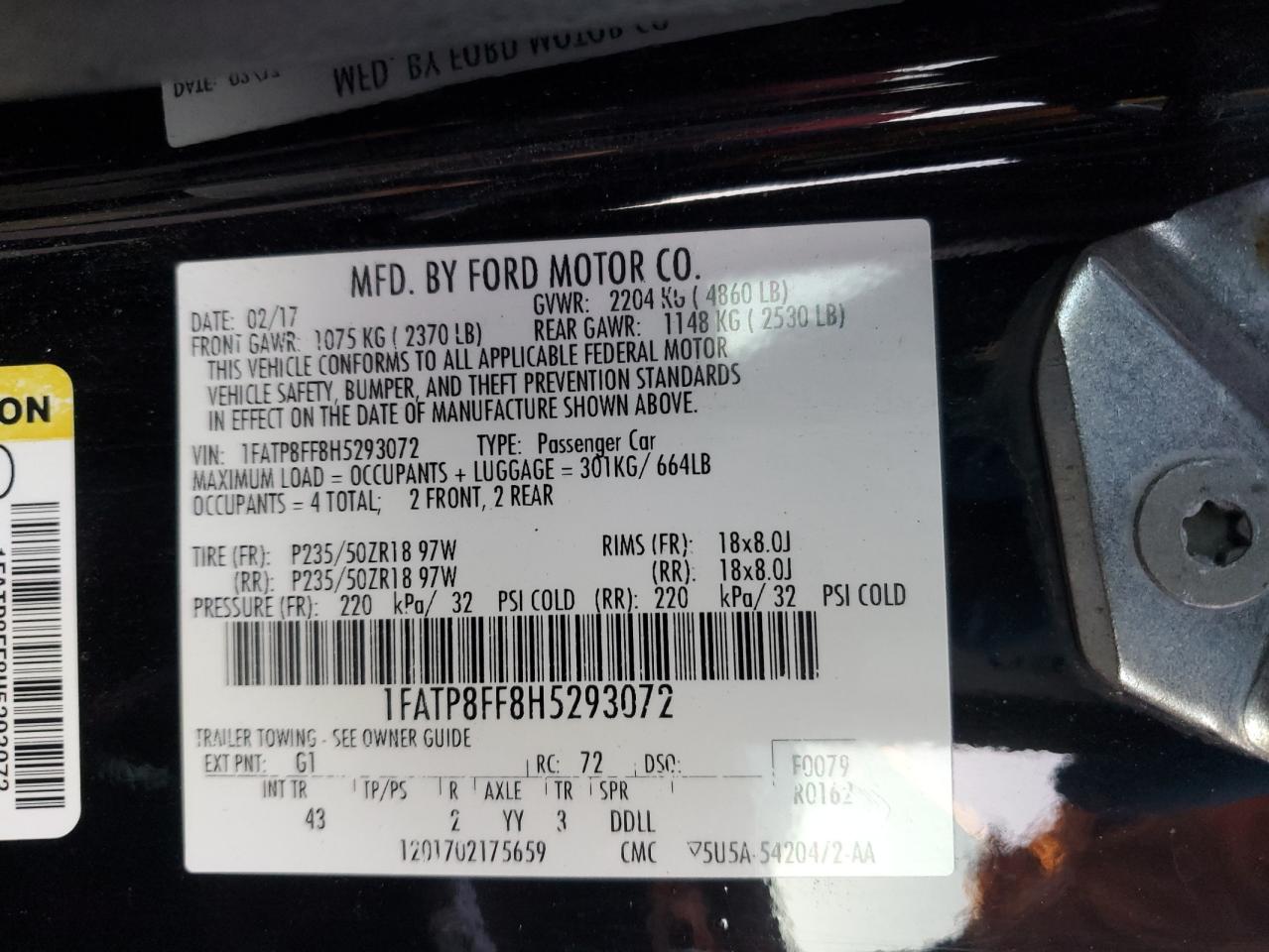 2017 Ford Mustang VIN 1FATP8FF8H5293072 Copart auction photo, rear end / side damage thumbnail 12