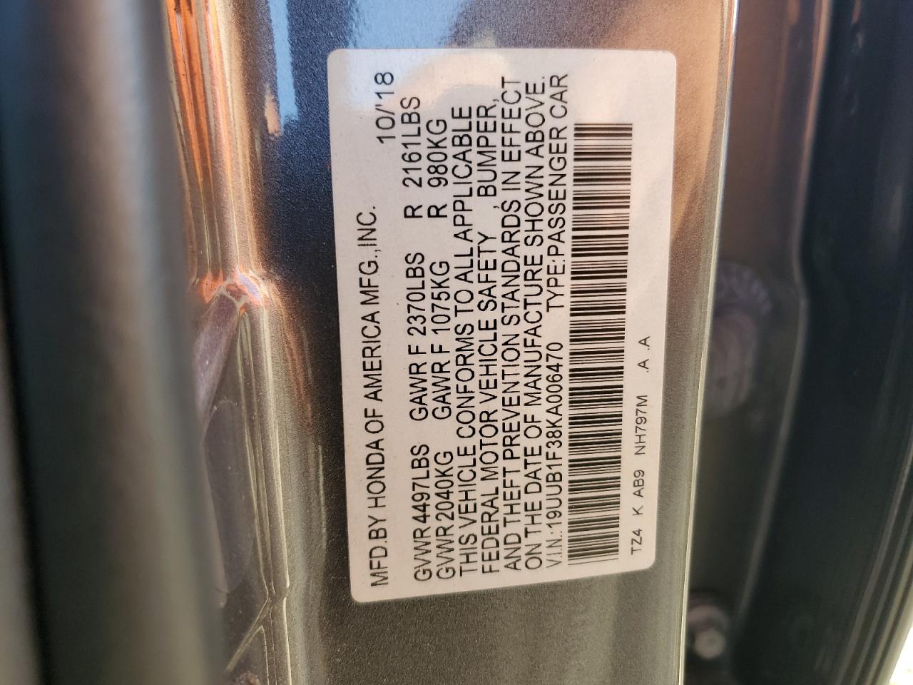 2019 Acura TLX VIN 19UUB1F38KA006470 Copart auction photo, vandalism damage thumbnail 14