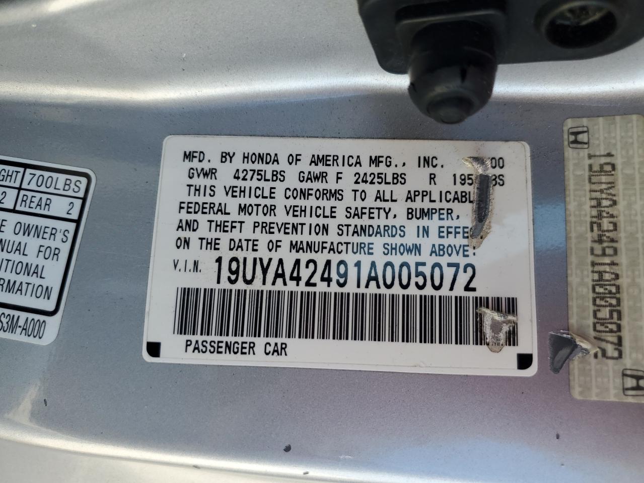 2001 Acura CL VIN 19UYA42491A005072 Copart auction photo, water/flood damage thumbnail 13