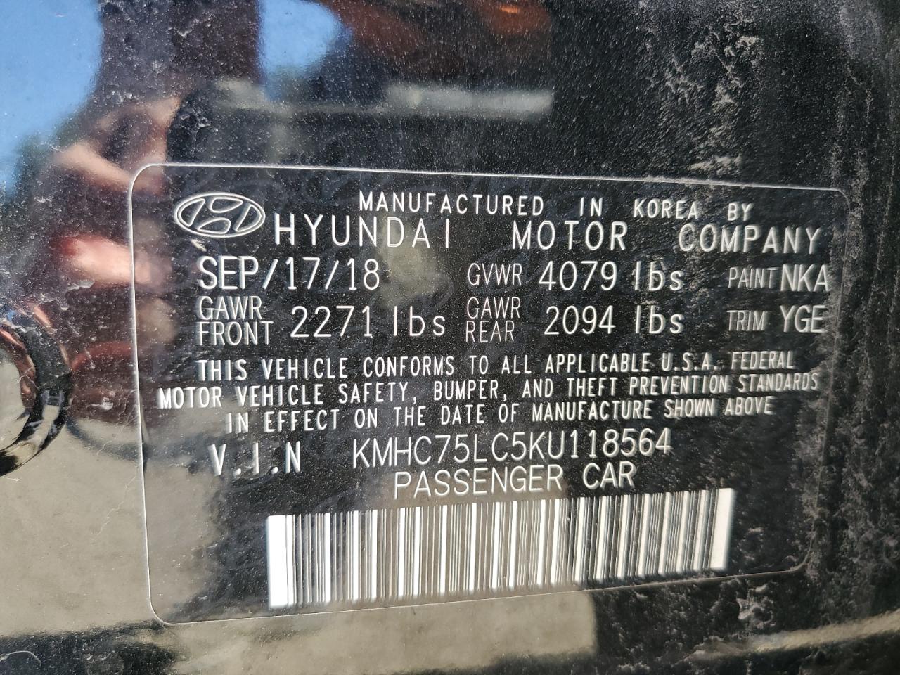 2019 Hyundai IONIQ VIN KMHC75LC5KU118564 Copart auction photo, front end / minor dent/scratches damage thumbnail 12