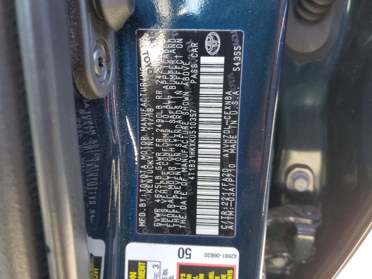 2019 Toyota Camry VIN 4T1B31HKXKU510357 Copart auction photo, rear end damage thumbnail 13