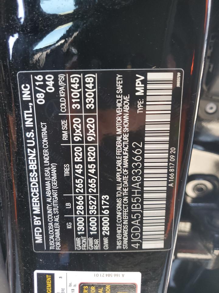 2017 Mercedes-Benz GLE VIN 4JGDA5JB5HA833662 Copart auction photo, front end damage thumbnail 13
