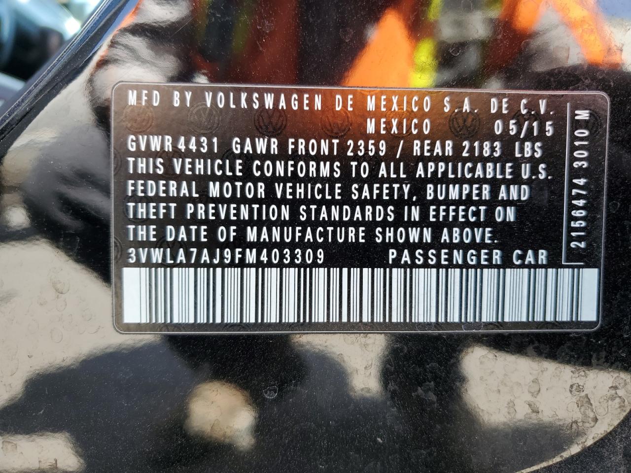 2015 Volkswagen Jetta VIN 3VWLA7AJ9FM403309 Copart auction photo, front end damage thumbnail 13