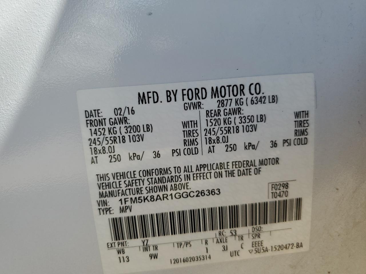 2016 Ford Explorer VIN 1FM5K8AR1GGC26363 Copart auction photo, front end damage thumbnail 16