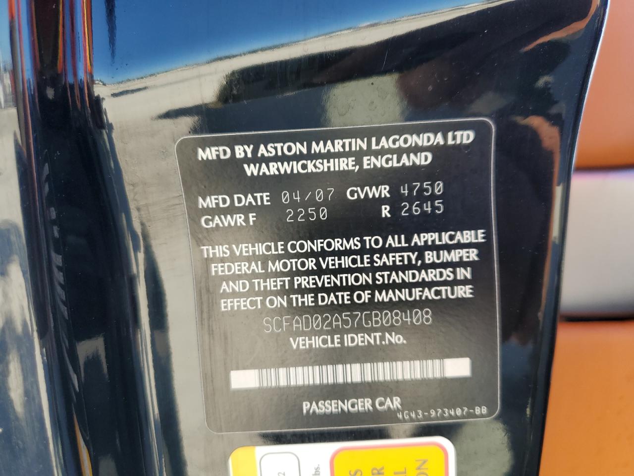 2007 Aston Martin DB9 VIN SCFAD02A57GB08408 Copart auction photo, water/flood damage thumbnail 12