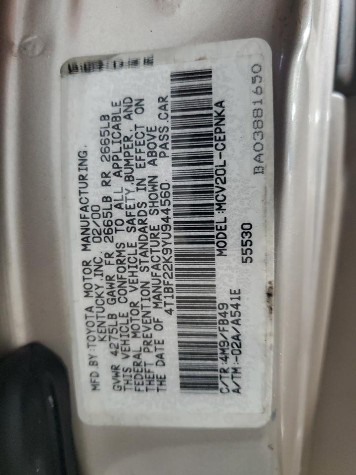 2000 Toyota Camry VIN 4T1BF22K9YU944560 Copart auction photo, rear end / front end damage thumbnail 15