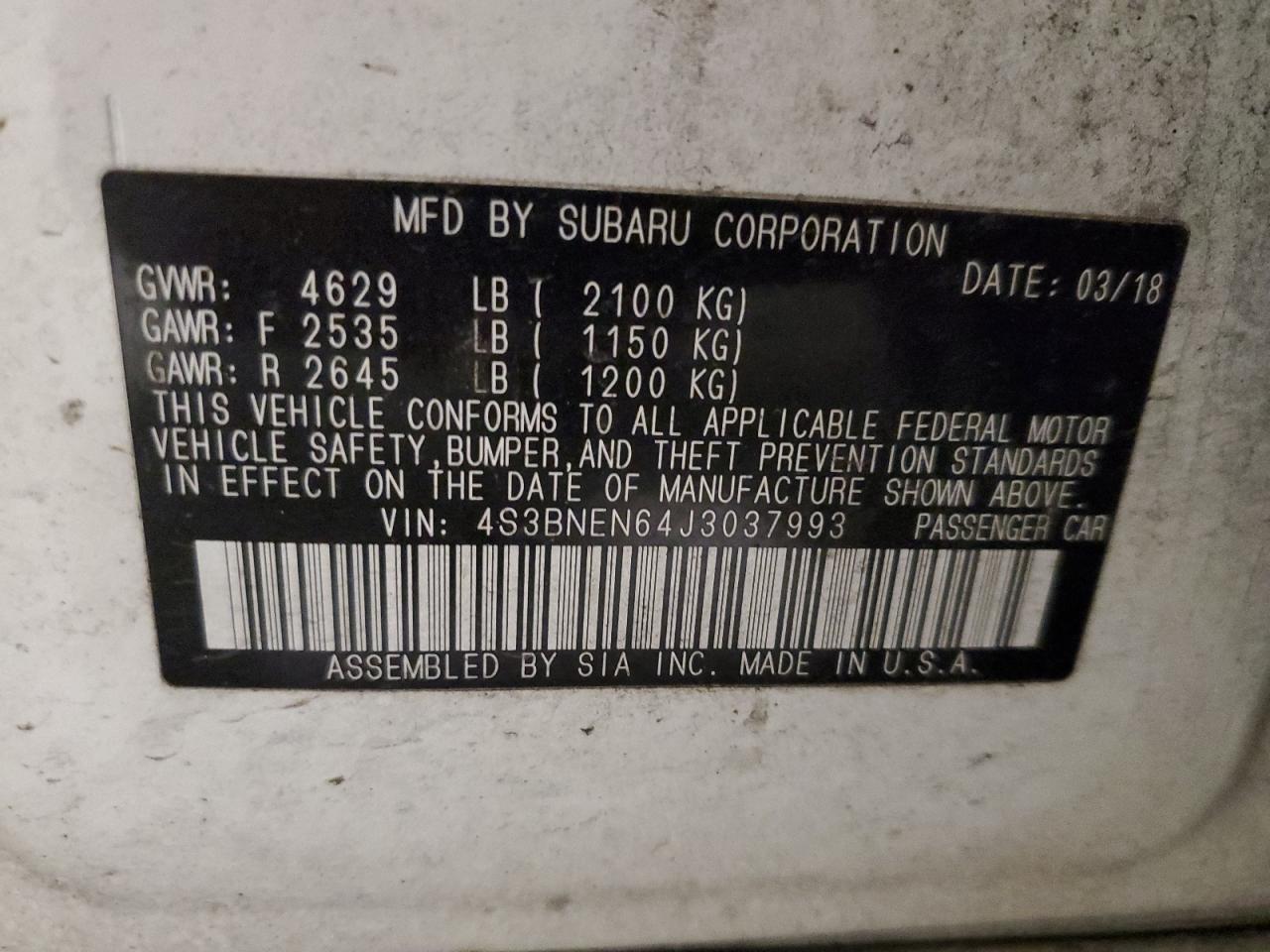 2018 Subaru Legacy VIN 4S3BNEN64J3037993 Copart auction photo, front end / undercarriage damage thumbnail 13