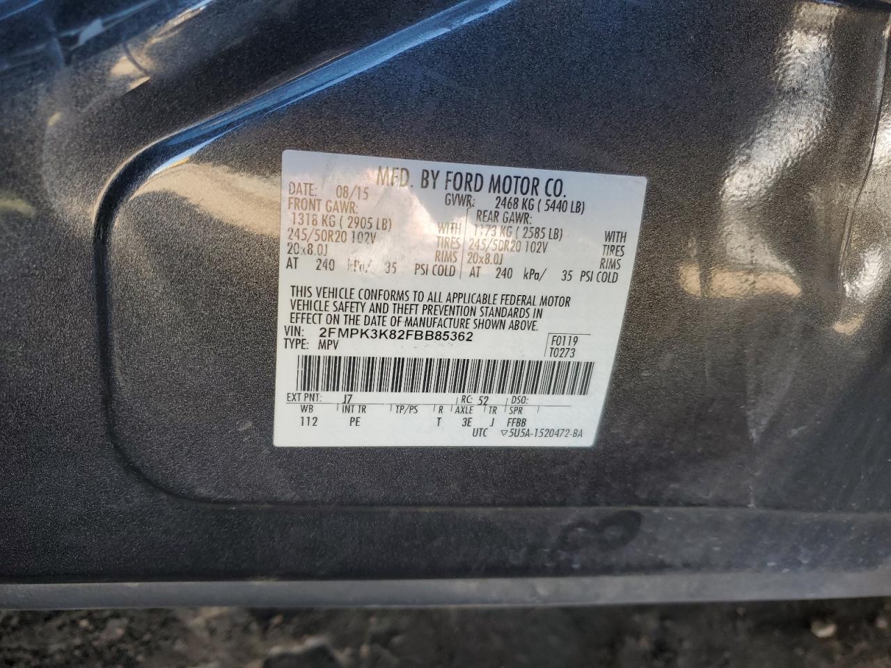 2015 Ford Edge VIN 2FMPK3K82FBB85362 Copart auction photo, all over / mechanical damage thumbnail 15