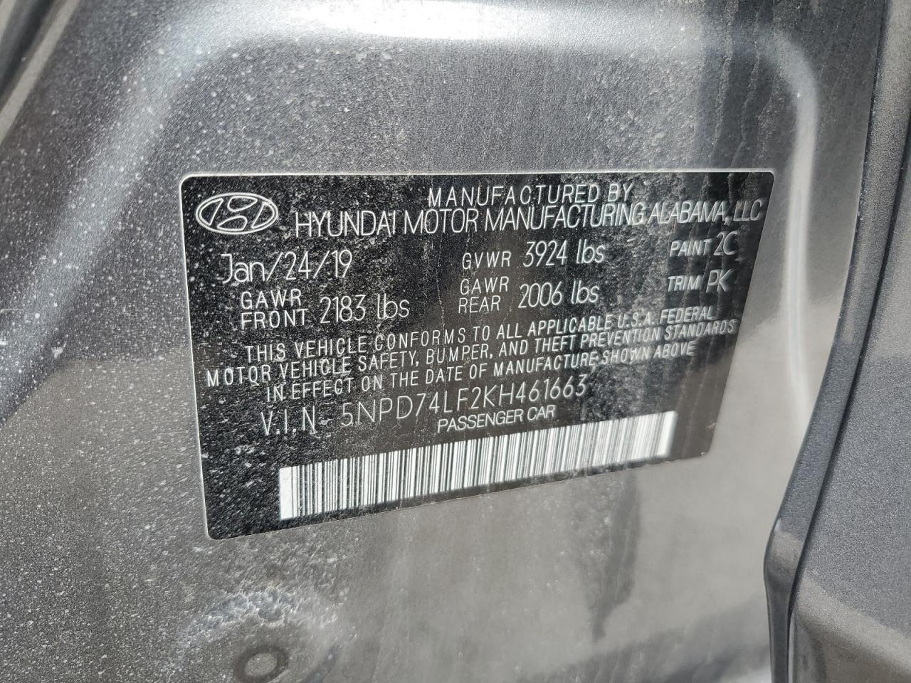 2019 Hyundai Elantra VIN 5NPD74LF2KH461663 Copart auction photo, vandalism damage thumbnail 12