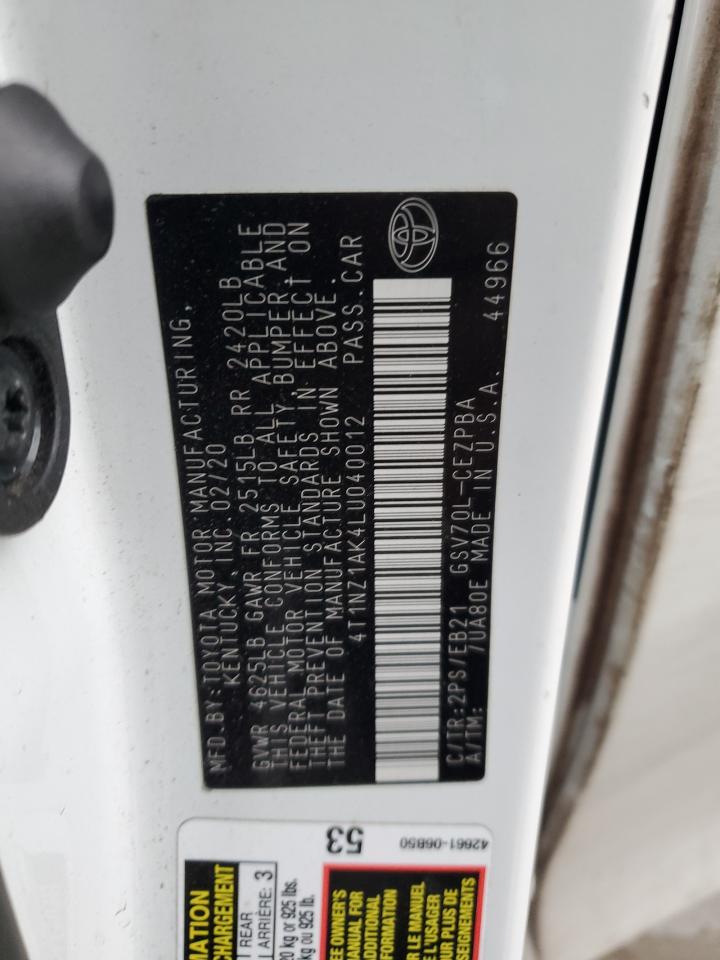 2020 Toyota Camry VIN 4T1NZ1AK4LU040012 Copart auction photo, front end / side damage thumbnail 12