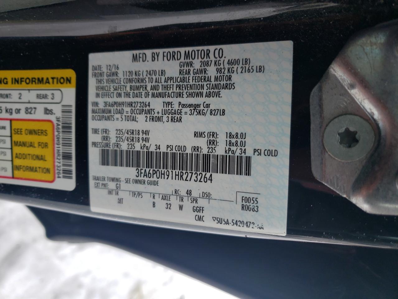 2017 Ford Fusion VIN 3FA6P0H91HR273264 Copart auction photo, rear end damage thumbnail 12