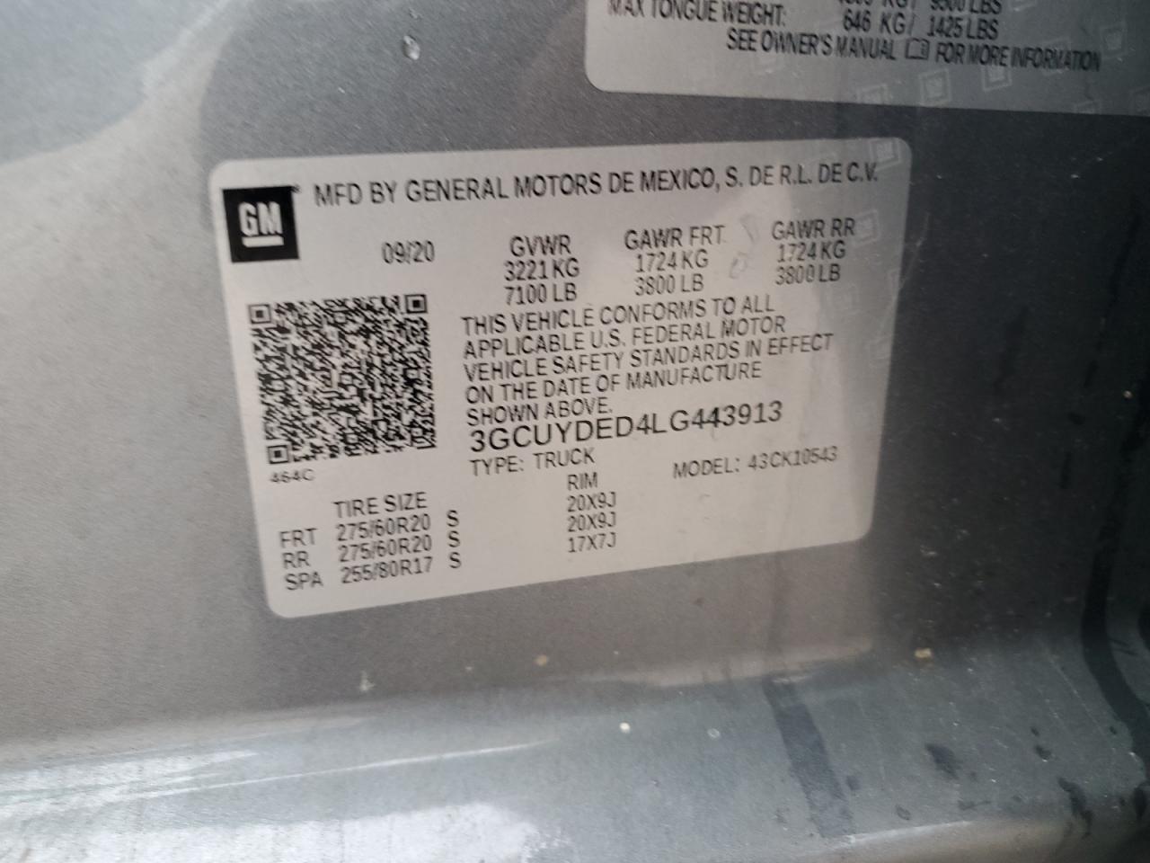 2020 Chevrolet Silverado VIN 3GCUYDED4LG443913 Copart auction photo, mechanical / minor dent/scratches damage thumbnail 13