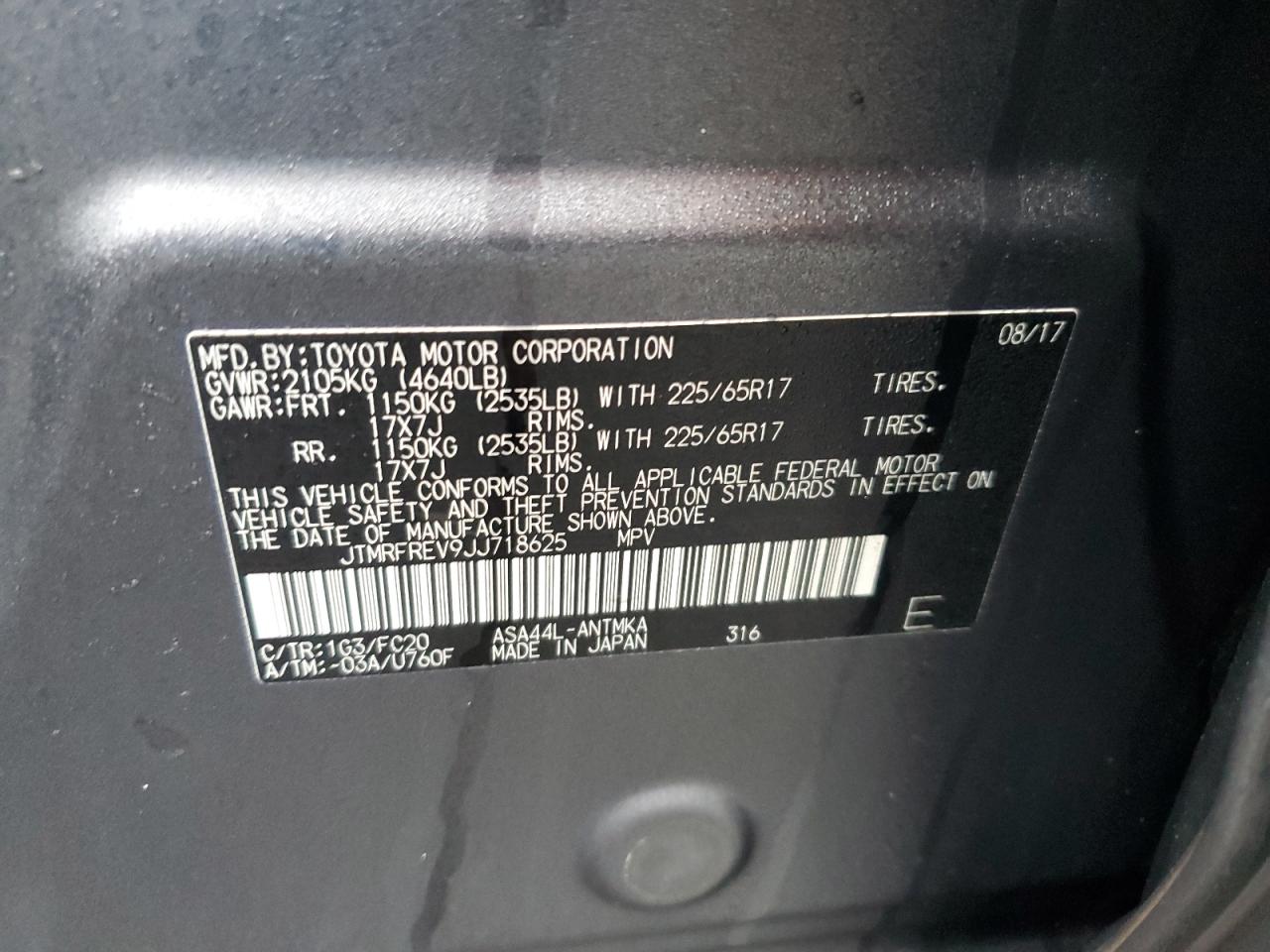2018 Toyota RAV 4 VIN JTMRFREV9JJ718625 Copart auction photo, burn damage thumbnail 14