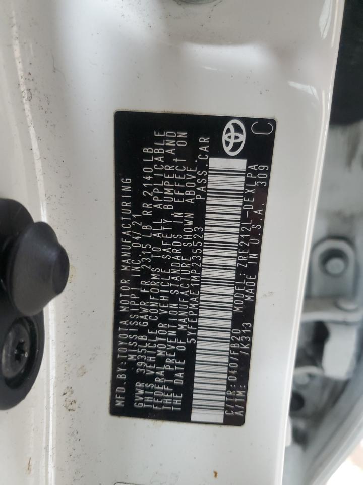 2021 Toyota Corolla VIN 5YFEPMAE1MP235523 Copart auction photo, side / front end damage thumbnail 12