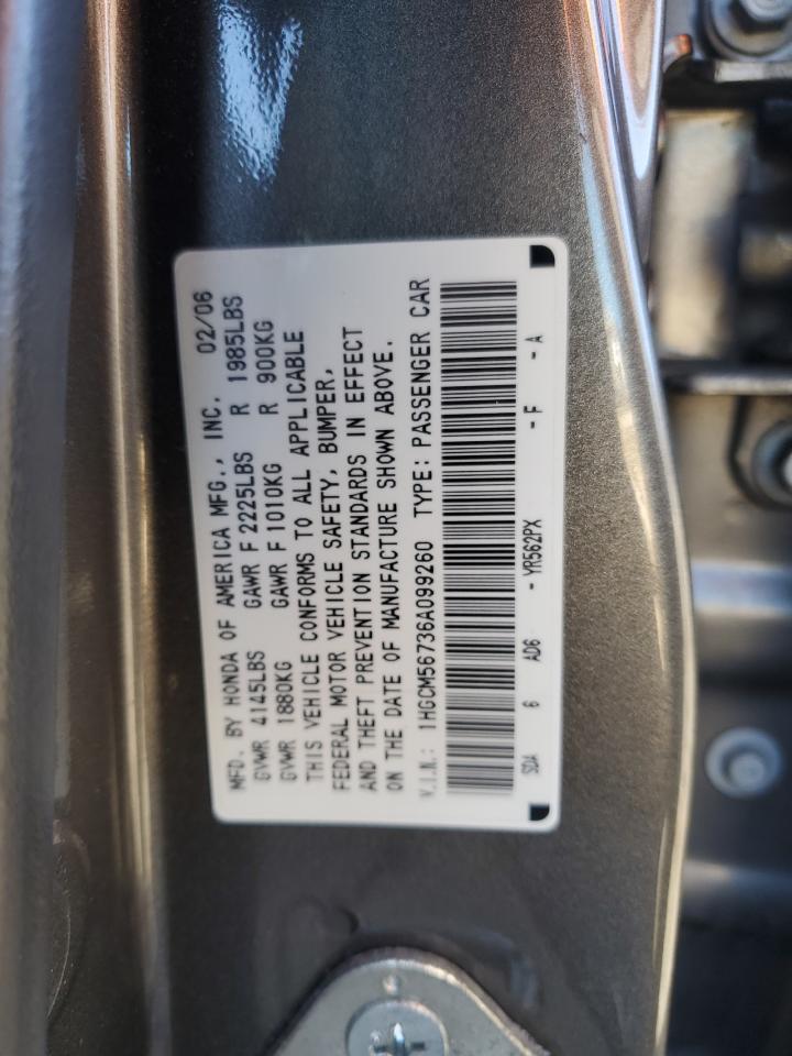 2006 Honda Accord VIN 1HGCM56736A099260 Copart auction photo, side / front end damage thumbnail 12