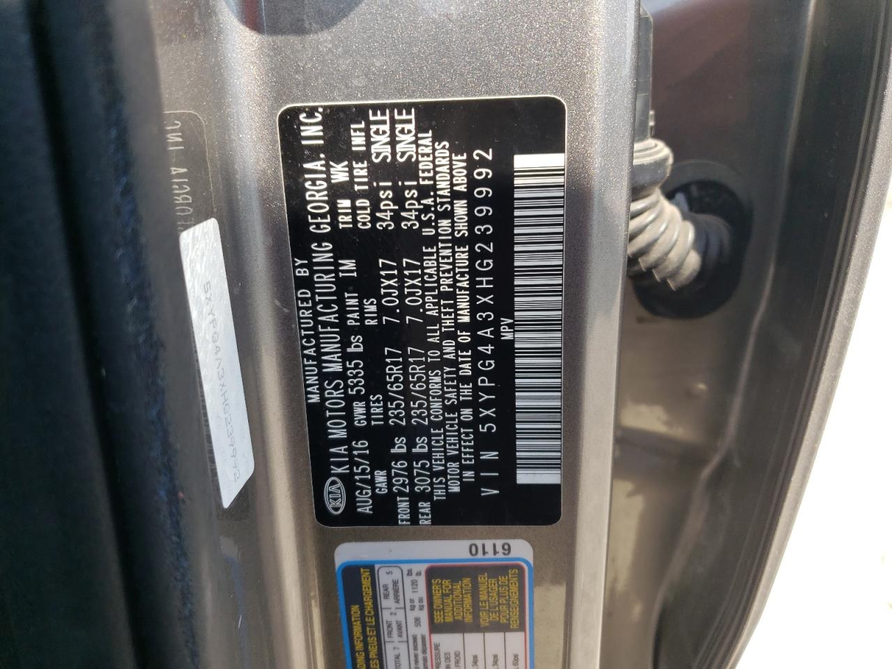 2017 KIA Sorento VIN 5XYPG4A3XHG239992 Copart auction photo, rear end damage thumbnail 14
