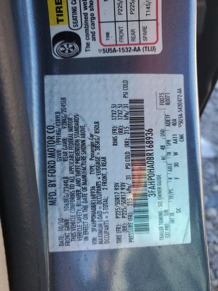 2011 Ford Fusion VIN 3FAHP0HA0BR168936 Copart auction photo, front end damage thumbnail 14