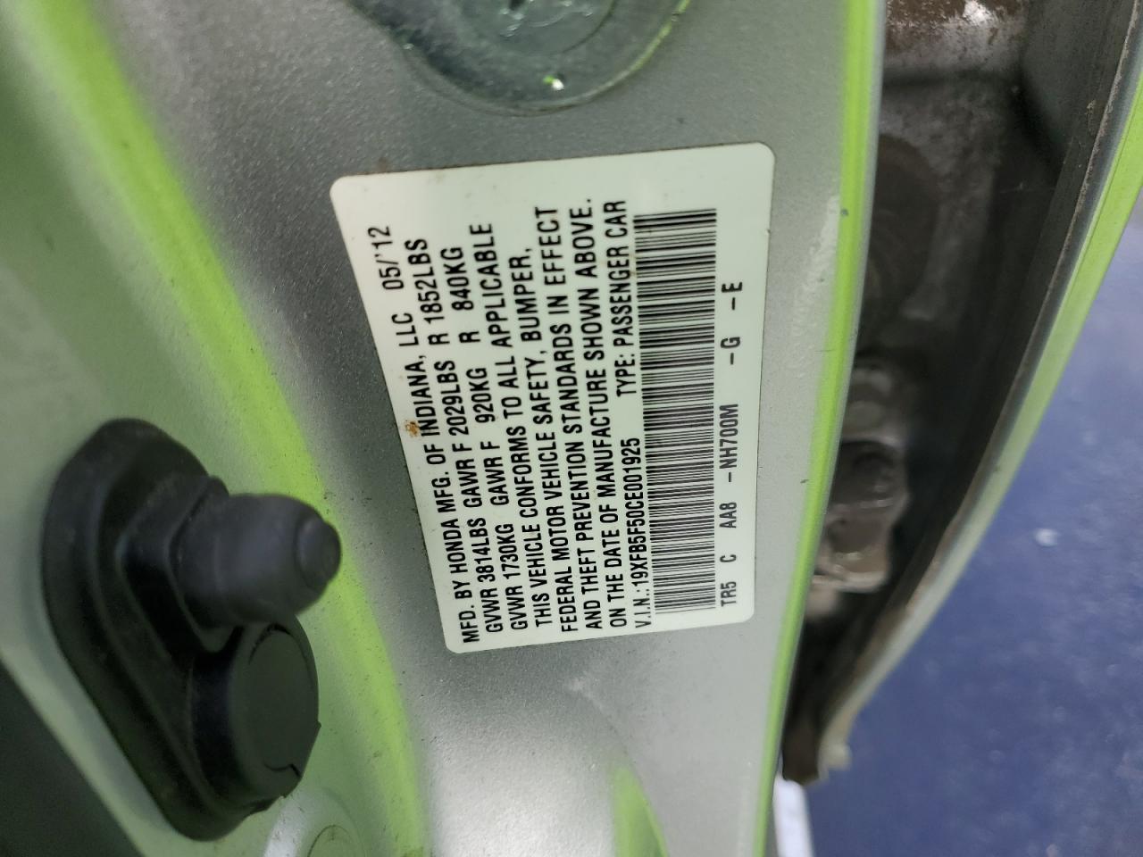 2012 Honda Civic VIN 19XFB5F50CE001925 Copart auction photo, side / front end damage thumbnail 12