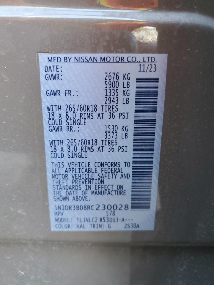 2024 Nissan Pathfinder VIN 5N1DR3BD8RC230028 Copart auction photo, all over damage thumbnail 14